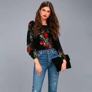 Free People Velvet Floral Black Bodysuit